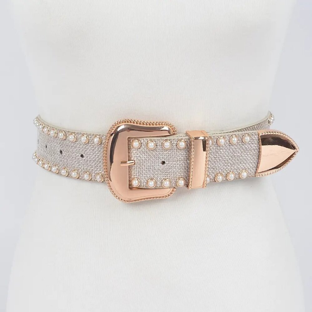 Stylish Linen and Pearl Studded Belt